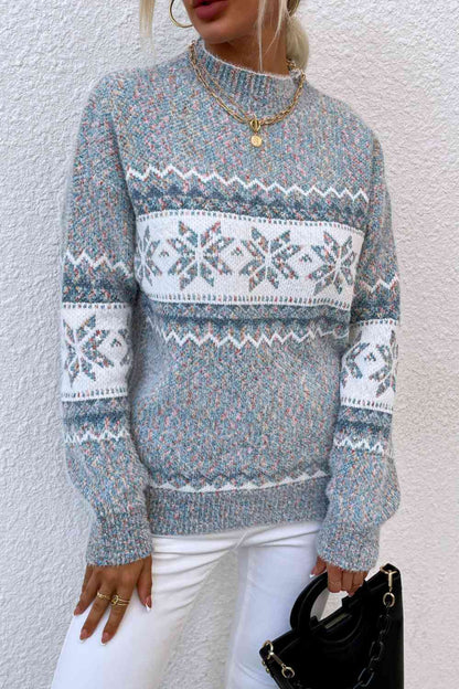 Snowflake Pattern Mock Neck Sweater - Deals DejaVu