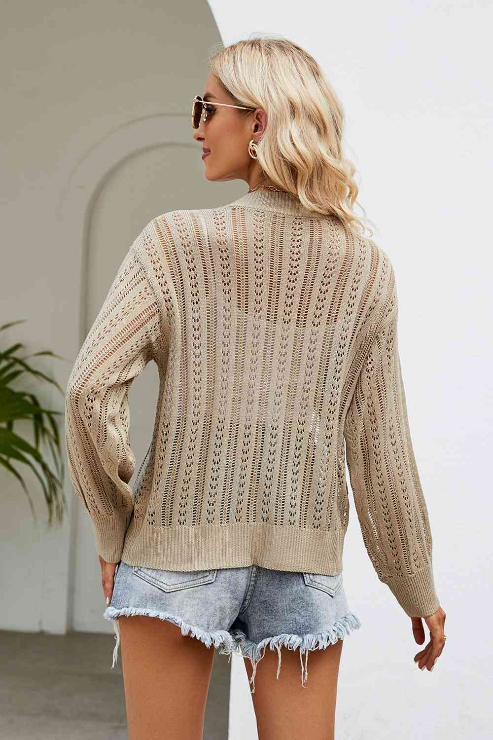 Openwork Button Front V-Neck Cardigan