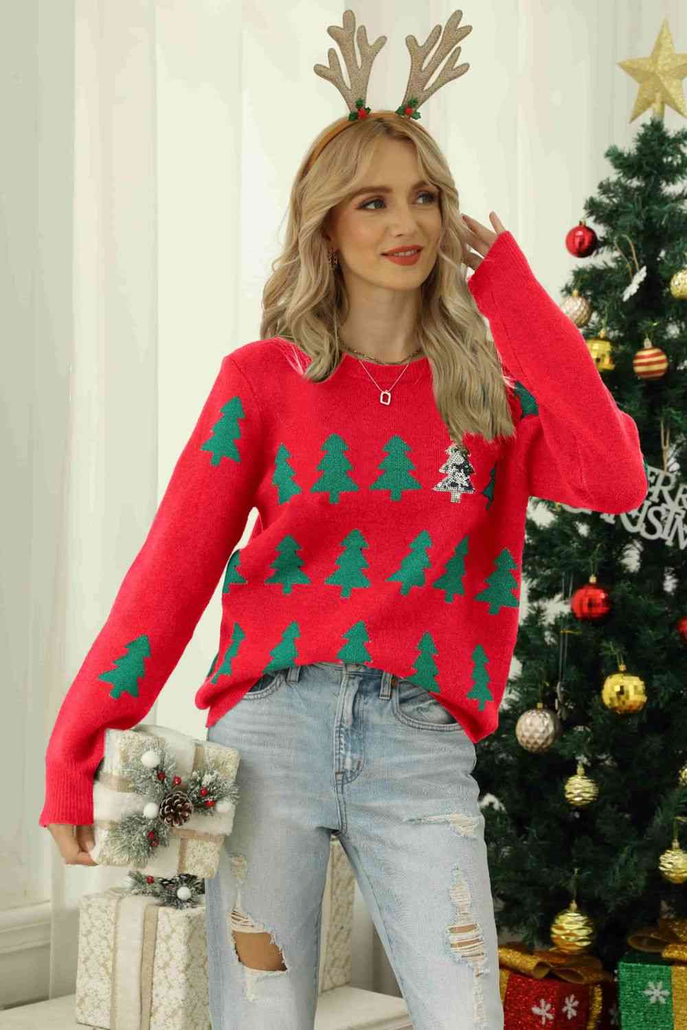 Christmas Tree Round Neck Ribbed Trim Sweater - Deals DejaVu