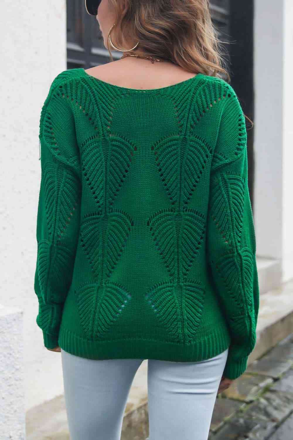 Openwork V-Neck Dropped Shoulder Sweater - Deals DejaVu