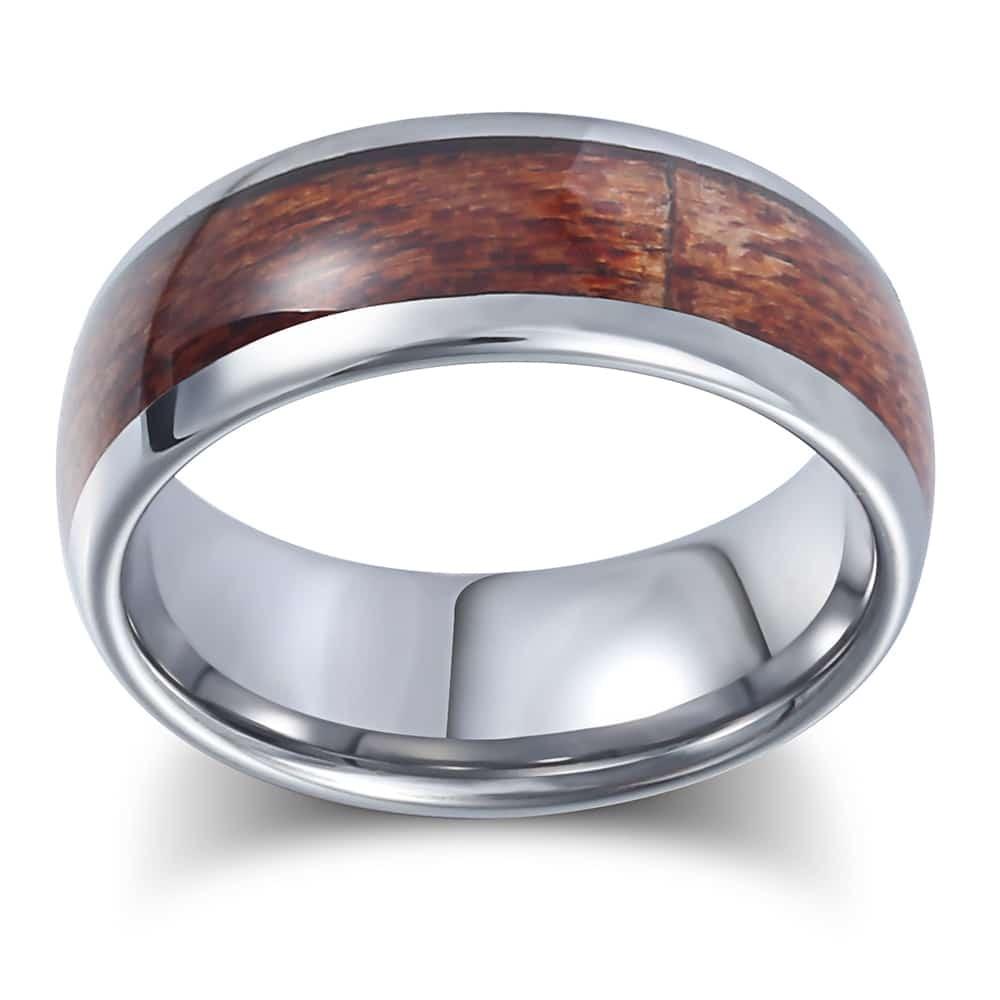 8mm Men's Brown Wood Inlay Silver Color Tungsten Carbide Band Ring Standard Fit Ring (2U83)