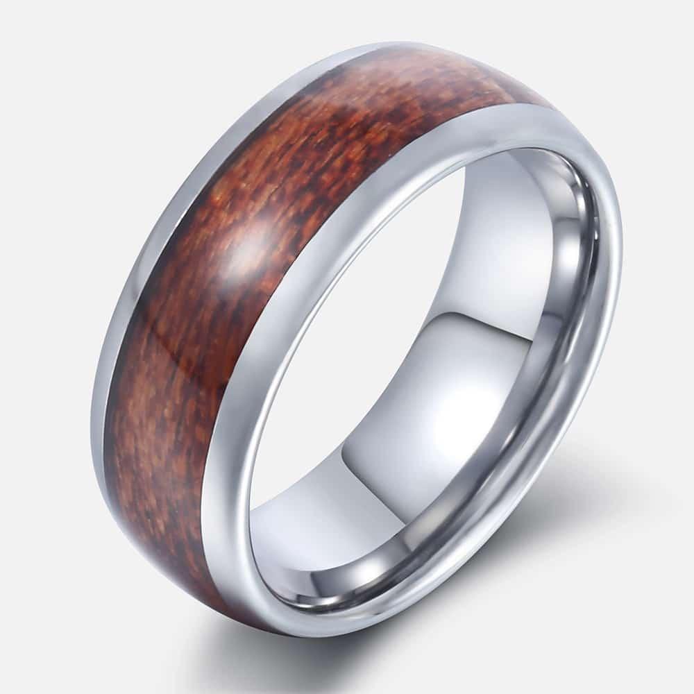 8mm Men's Brown Wood Inlay Silver Color Tungsten Carbide Band Ring Standard Fit Ring (2U83)