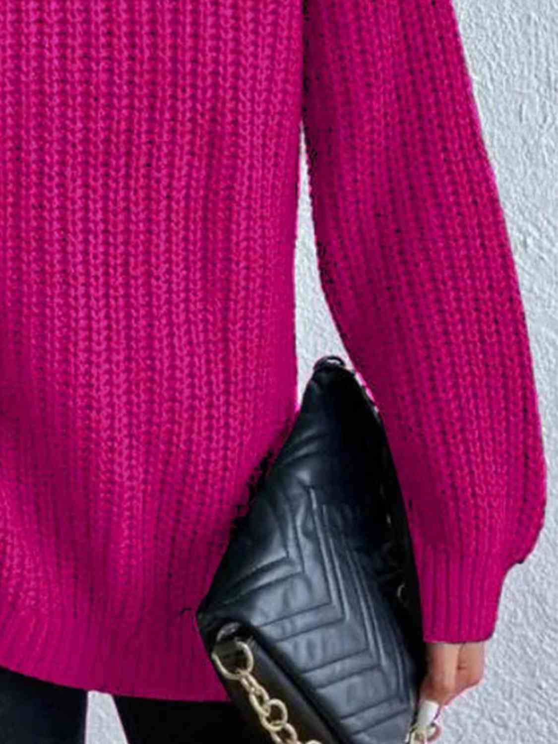 Full Size Turtleneck Rib-Knit Slit Sweater - Deals DejaVu