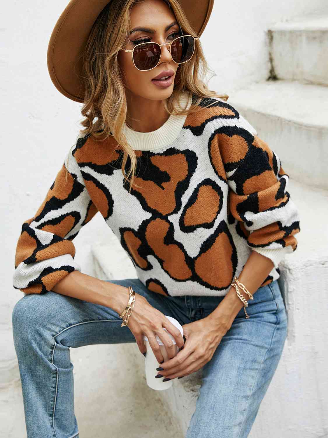 Printed Round Neck Long Sleeve Sweater - Deals DejaVu