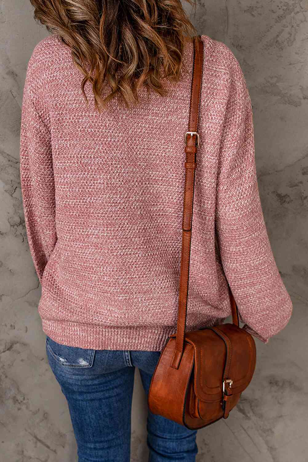 Double Take Heathered Dropped Shoulder Round Neck Sweater