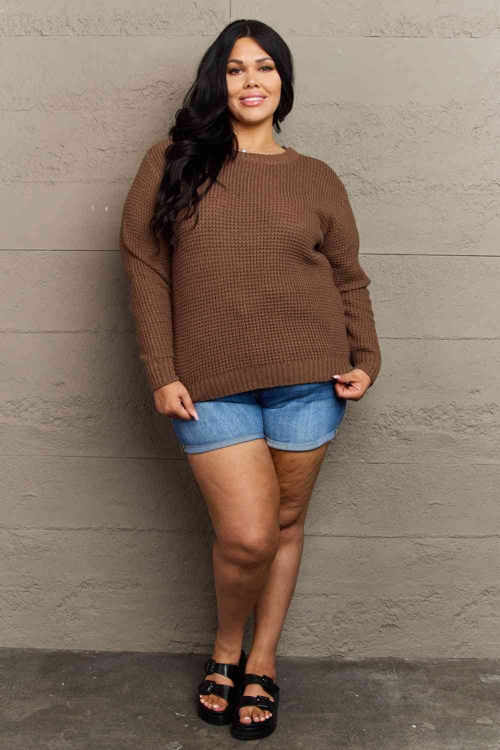 Zenana Breezy Days Plus Size High Low Waffle Knit Sweater - Deals DejaVu