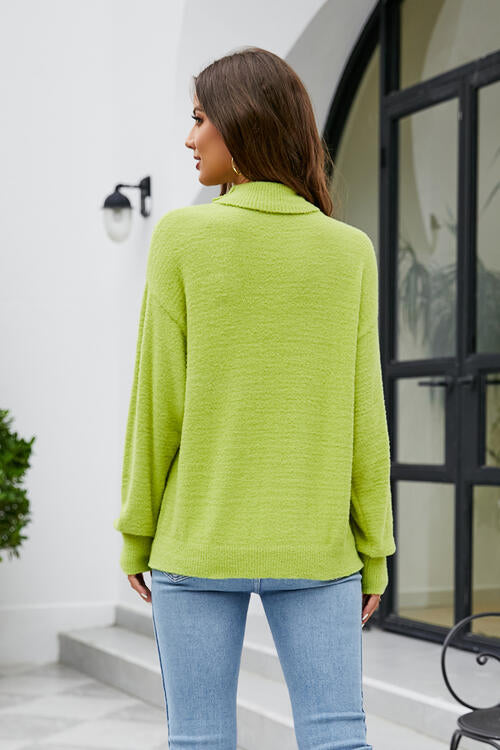 Mock Neck Dropped Shoulder Long Sleeve Sweater - Deals DejaVu