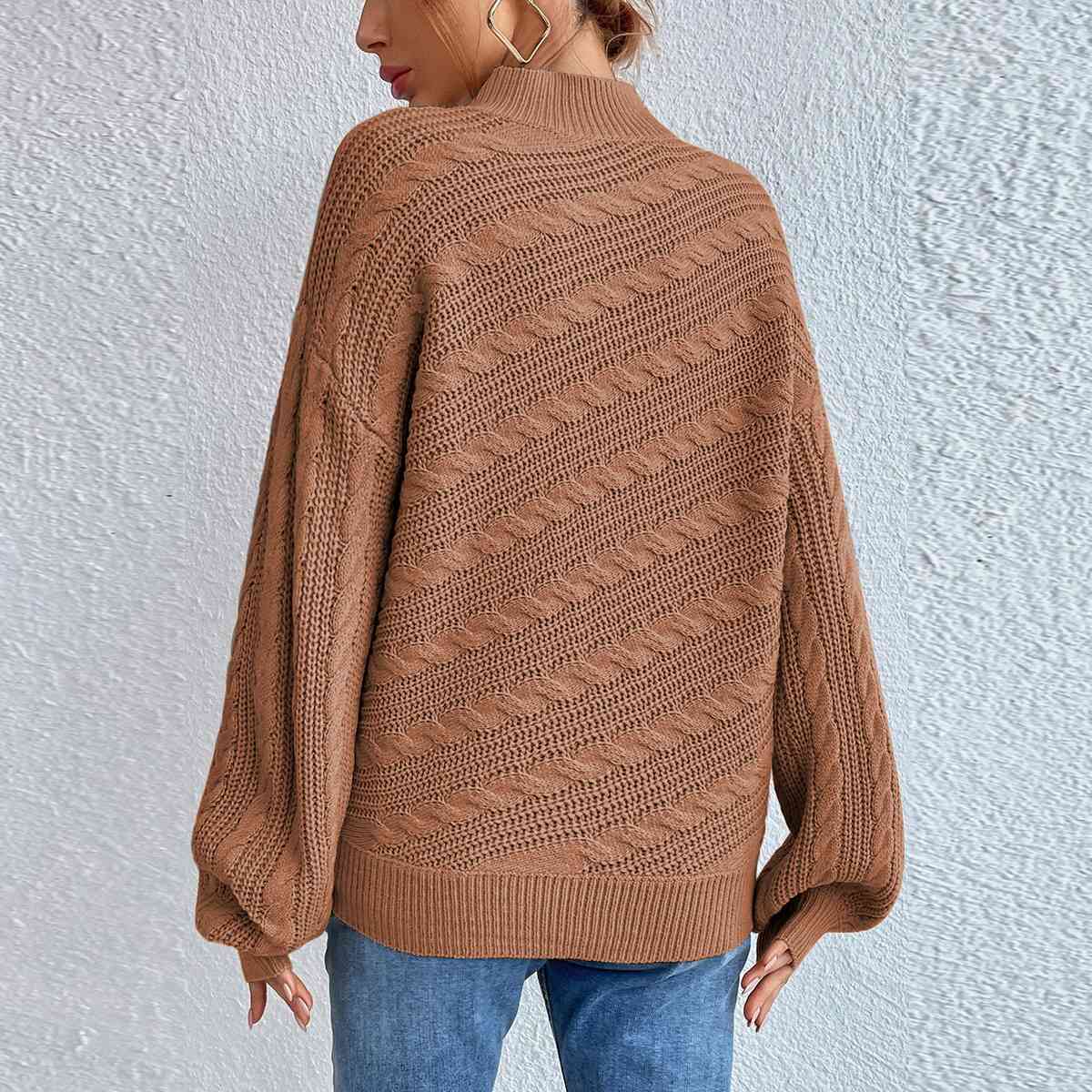 Cable-Knit Mock Neck Long Sleeve Sweater - Deals DejaVu