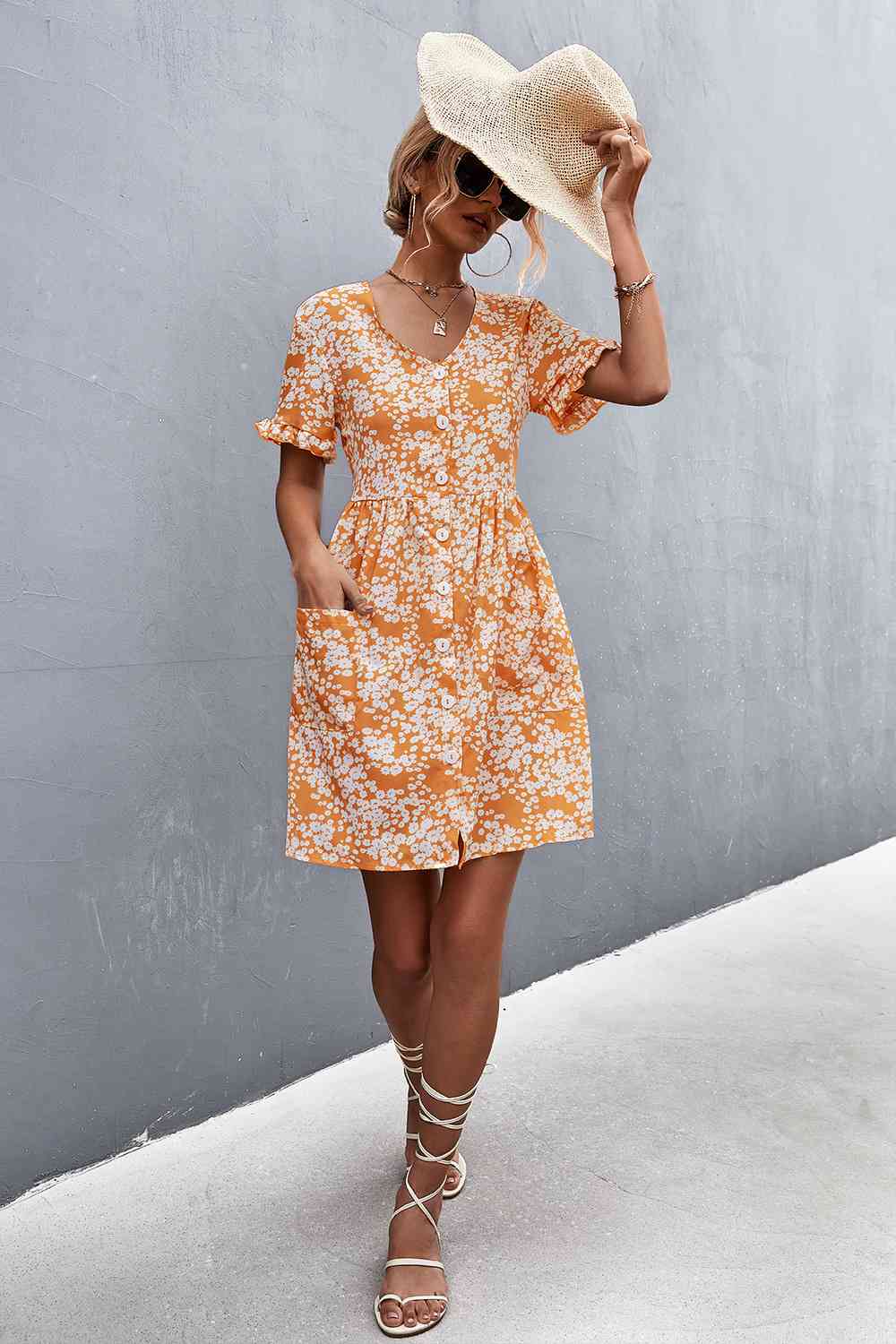 Printed Button down Pocketed Dress (MWBT) T - Deals DejaVu