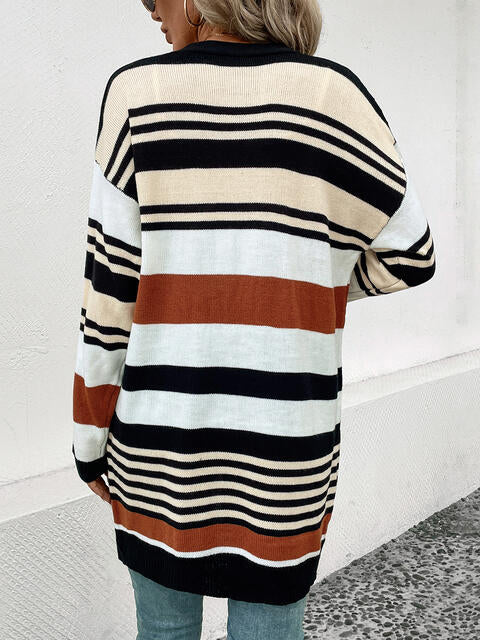 Striped Open Front Drop Shoulder Cardigan - Deals DejaVu