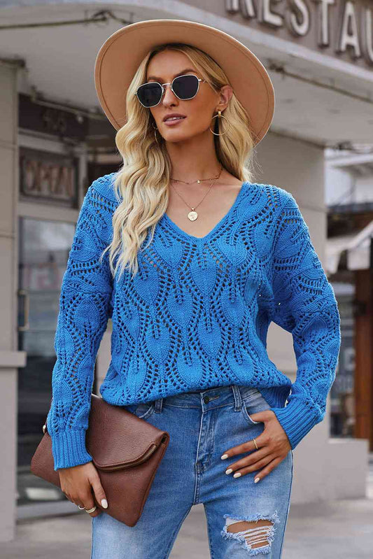 Openwork V-Neck Knit Top - Deals DejaVu