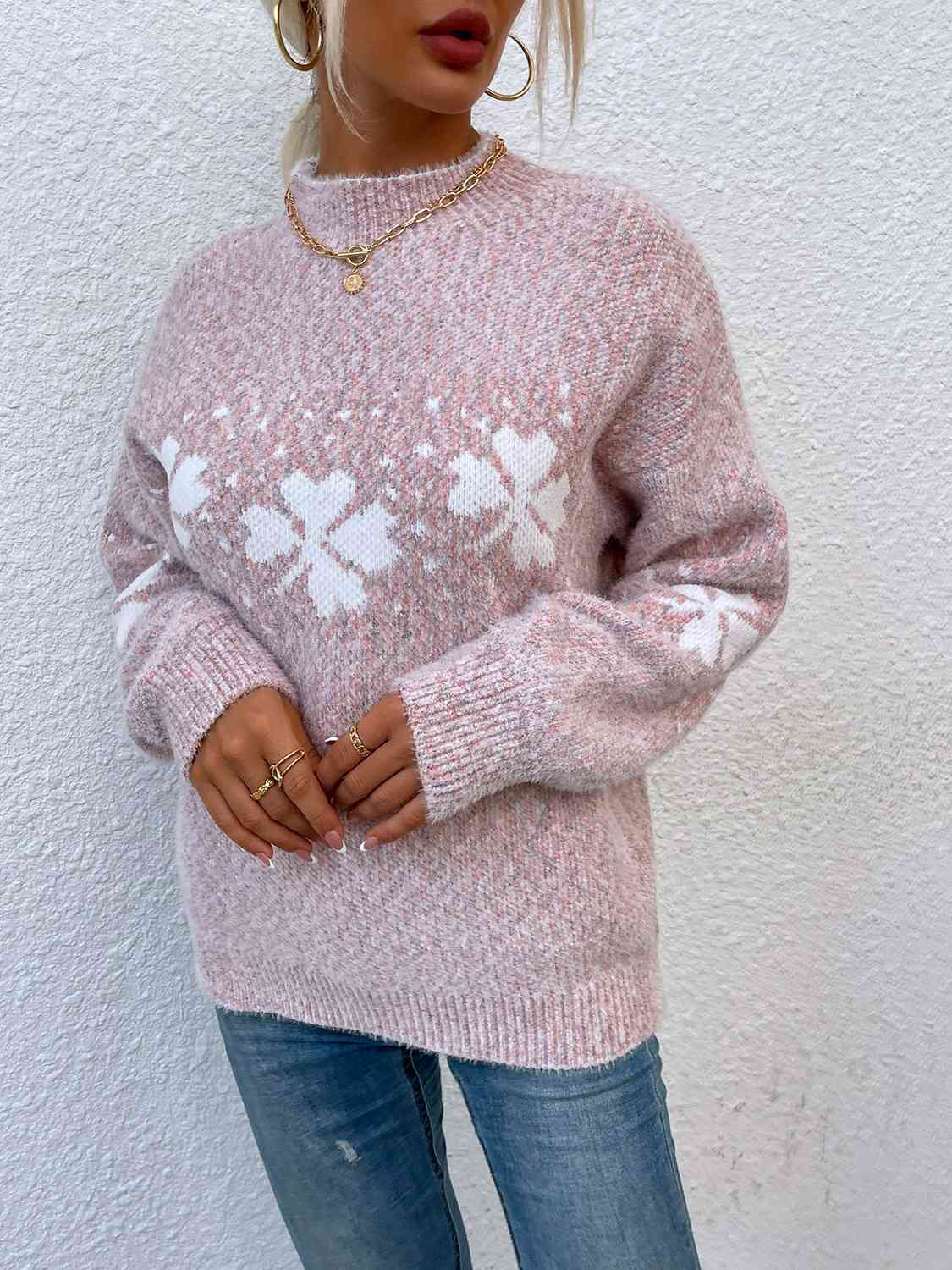 Four Leaf Clover Mock Neck Sweater - Deals DejaVu