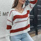 Striped V-Neck Drop Shoulder Sweater - Deals DejaVu