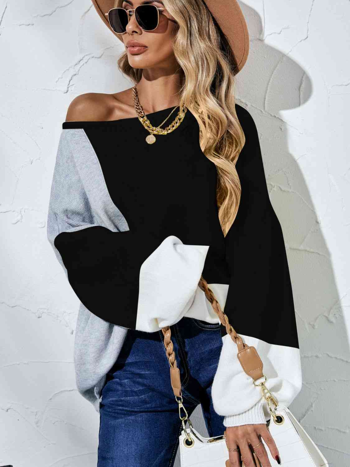 Color Block Balloon Sleeve Boat Neck Sweater - Deals DejaVu