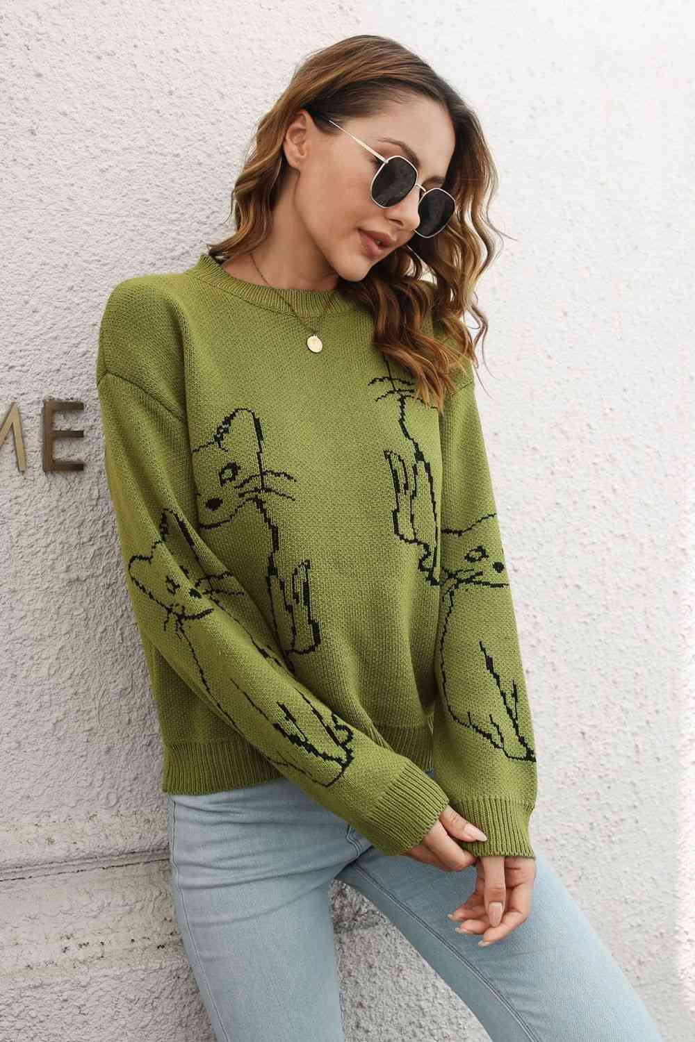 Cat Pattern Round Neck Long Sleeve Pullover Sweater - Deals DejaVu