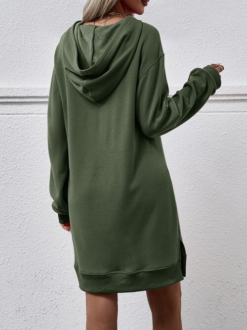 Slit Long Sleeve Hooded Dress with Pocket (MWBT) T - Deals DejaVu