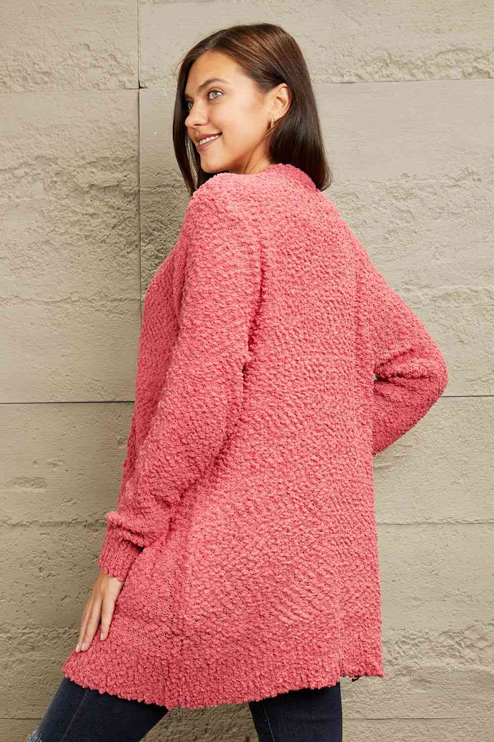 Zenana Falling For You Full Size Open Front Popcorn Cardigan - Deals DejaVu