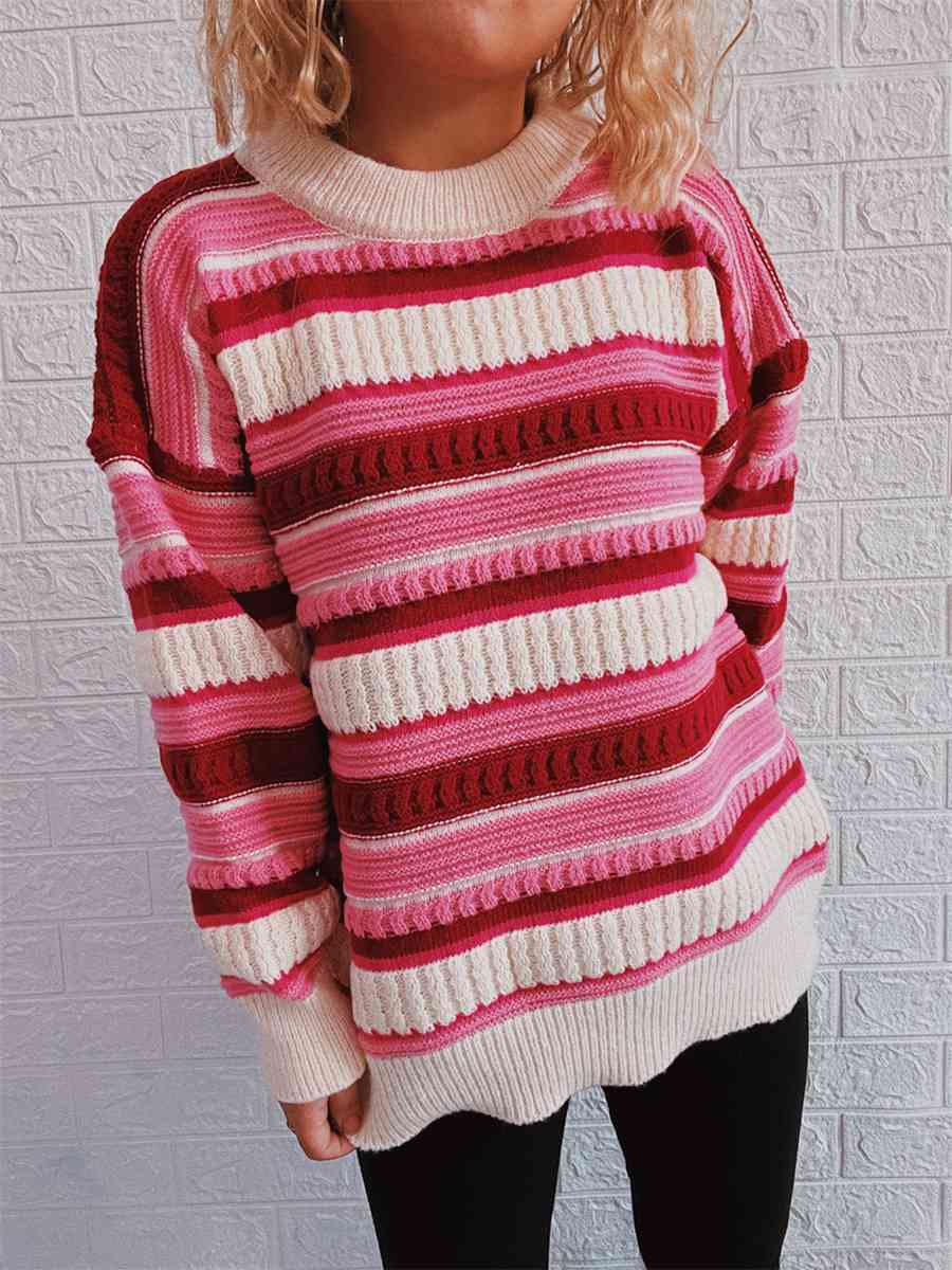 Striped Drop Shoulder Round Neck Sweater - Deals DejaVu