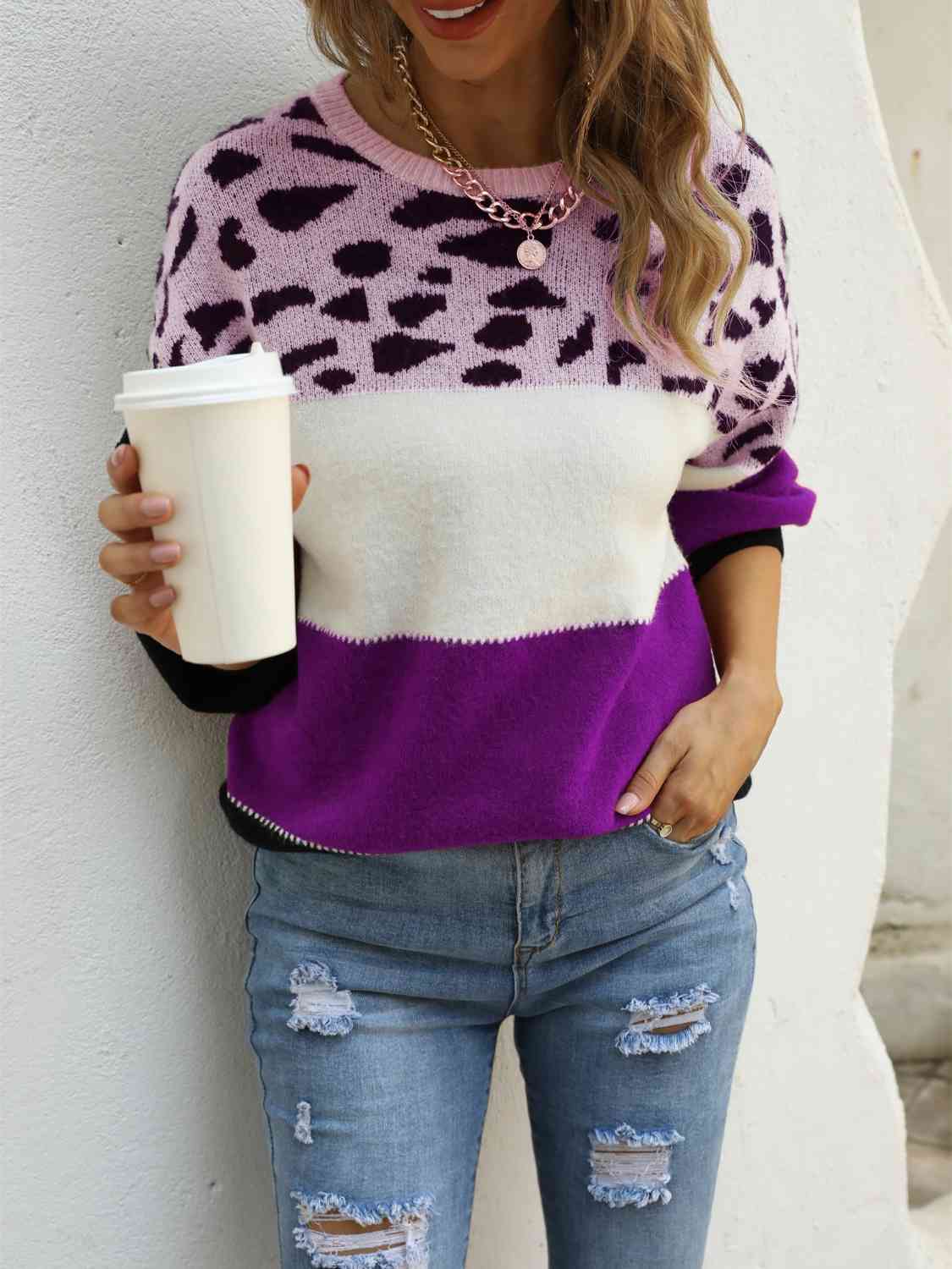 Color Block Round Neck Sweater - Deals DejaVu