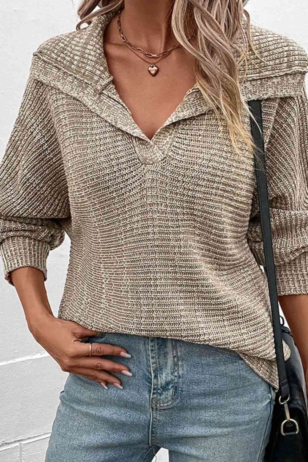 Heathered Horizontal-Ribbing Pullover Sweater - Deals DejaVu