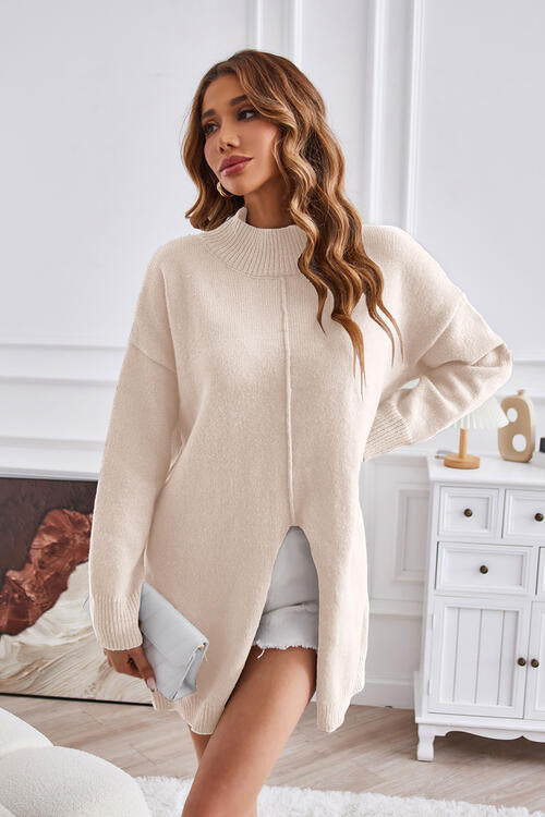 Exposed Seam Mock Neck Slit Sweater - Deals DejaVu