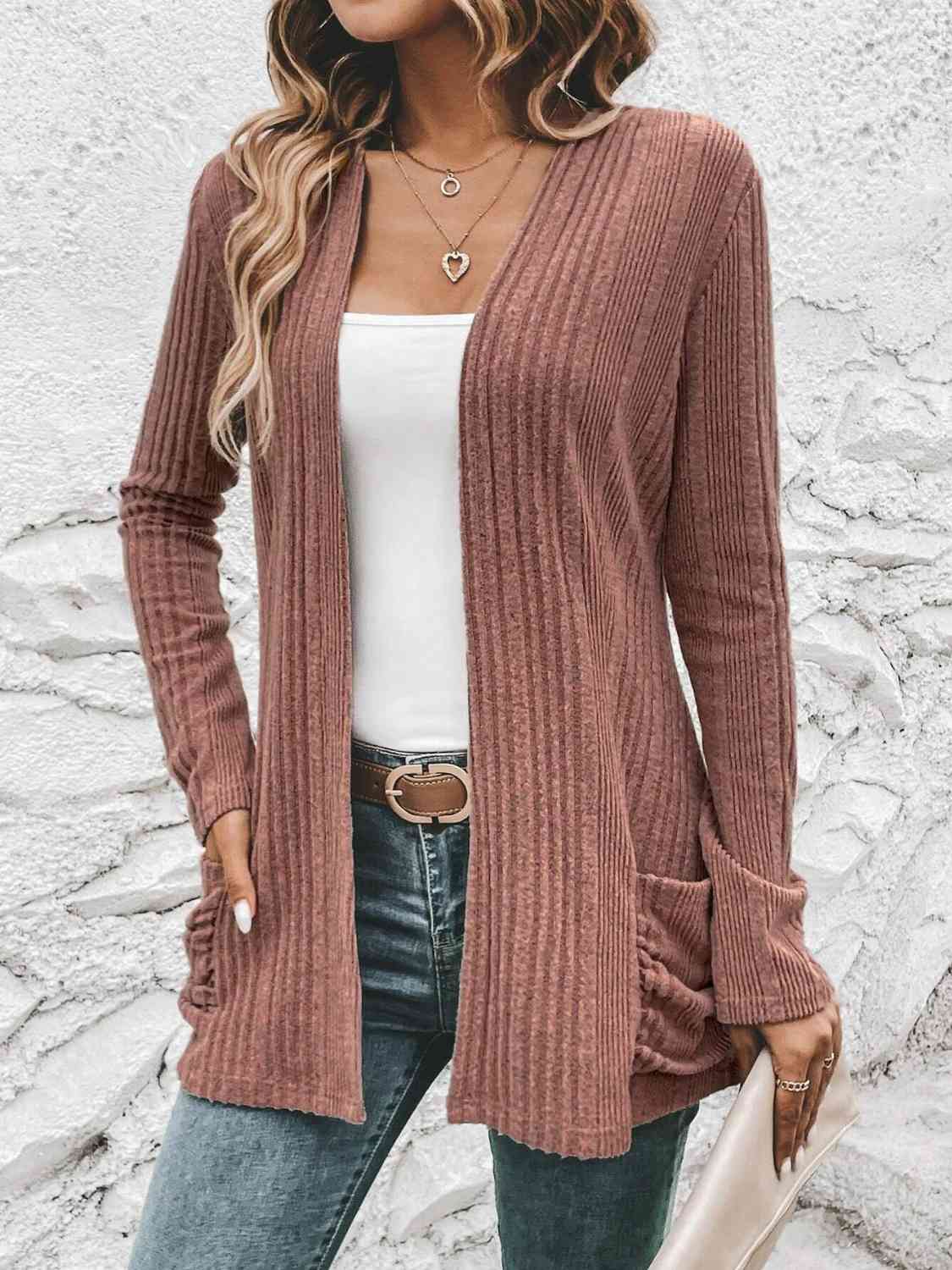 Ribbed Open Front Cardigan with Pockets (BFD) T - Deals DejaVu