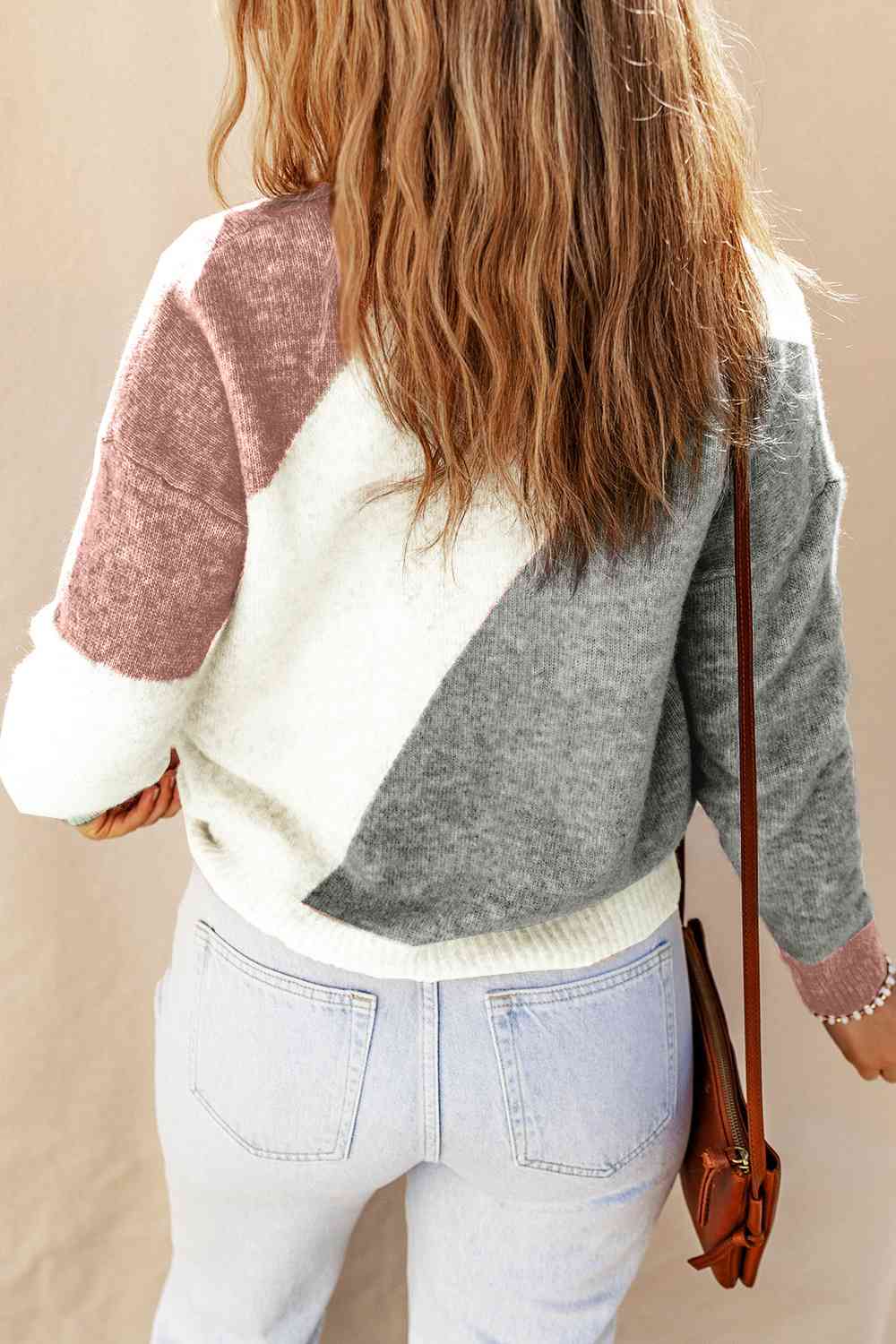 Color Block Round Neck Dropped Shoulder Pullover Sweater - Deals DejaVu