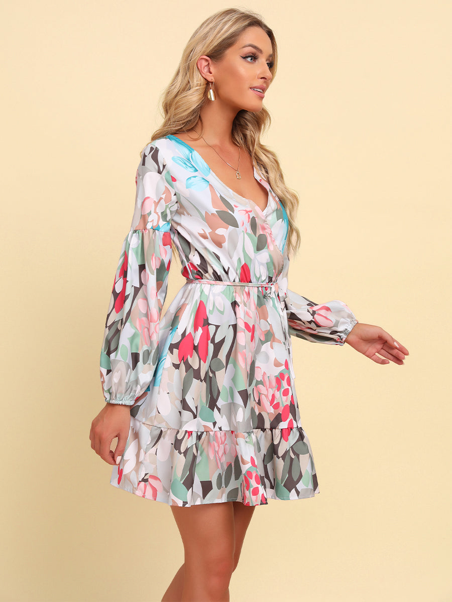 Full Size Printed Tie-Waist Puff Sleeve Surplice Dress (BWD)(WS06)T - Deals DejaVu