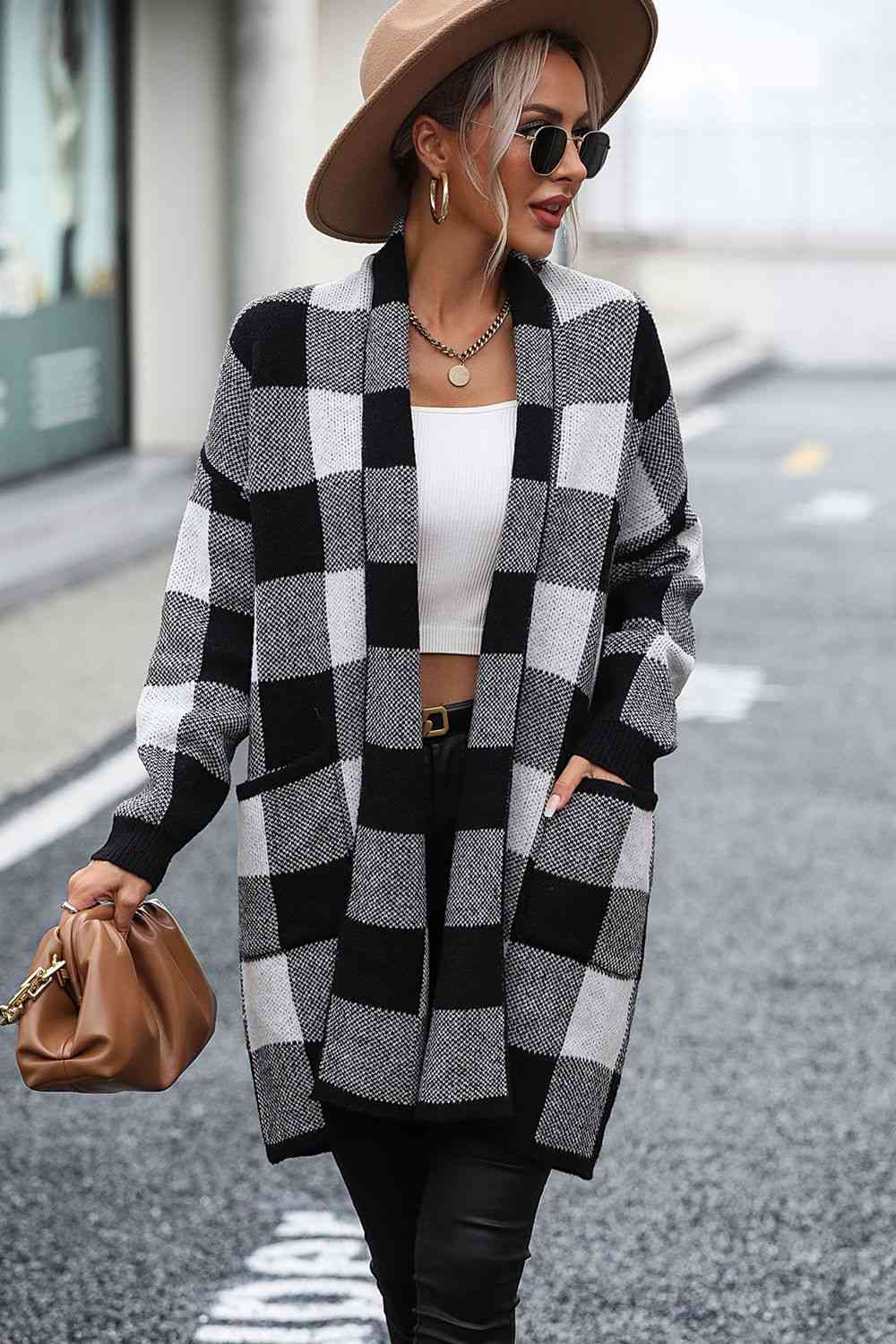 Plaid Dropped Shoulder Cardigan with Pocket - Deals DejaVu