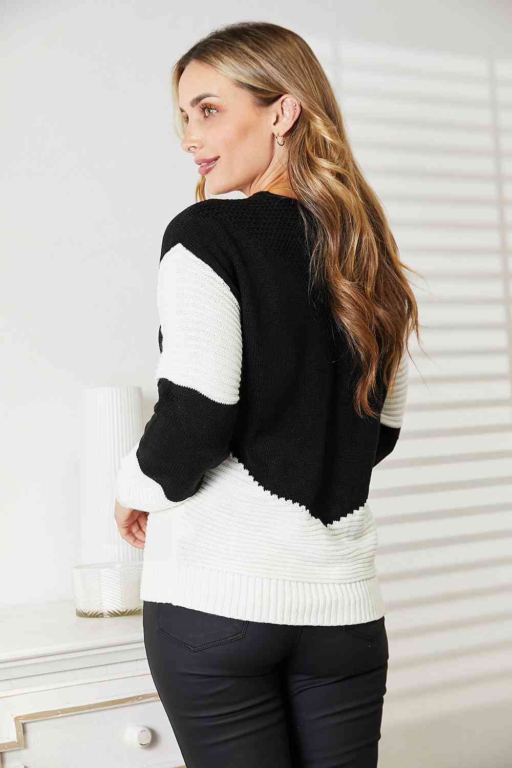 Woven Right Two-Tone Openwork Rib-Knit Sweater - Deals DejaVu