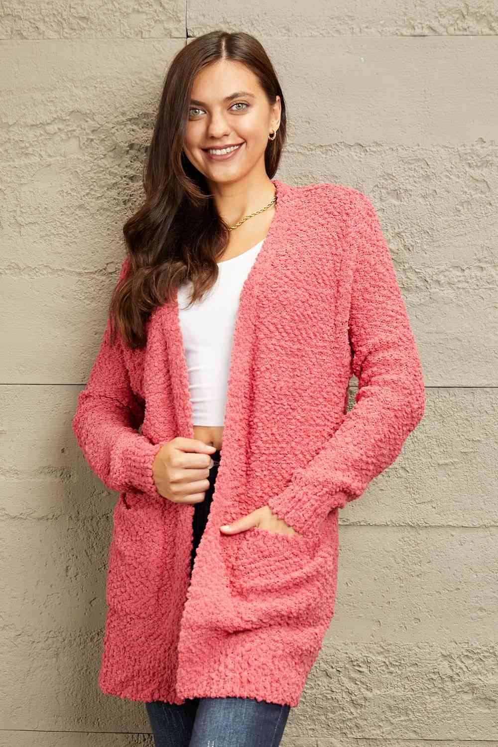 Zenana Falling For You Full Size Open Front Popcorn Cardigan - Deals DejaVu