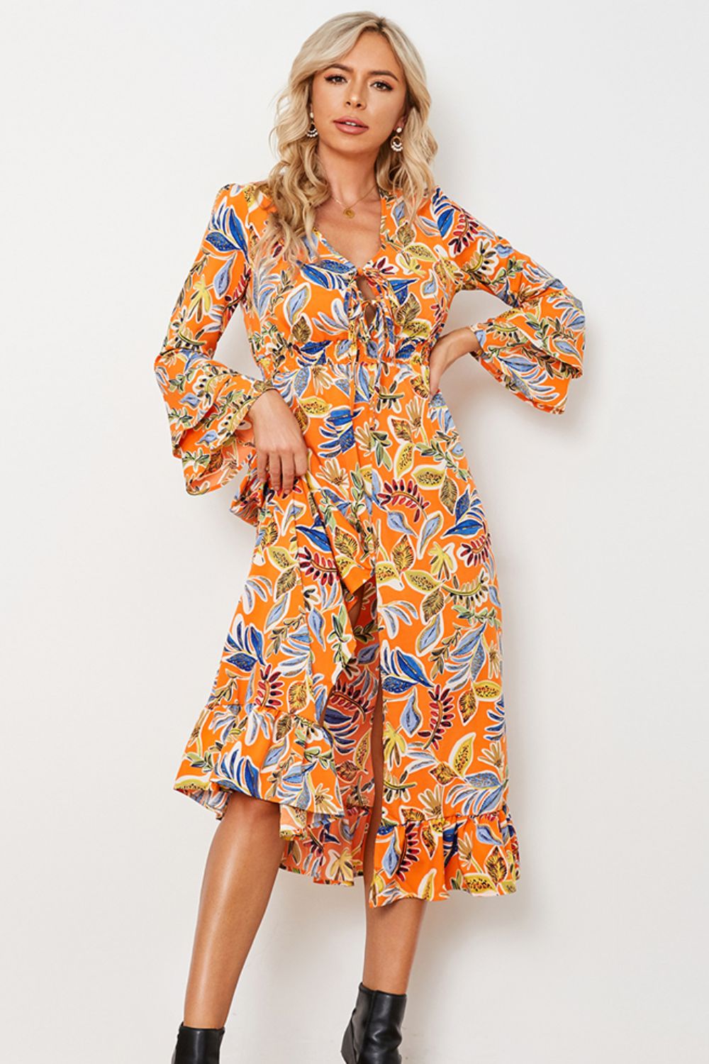 Printed Layered Flare Sleeve Split Tied Dress (BWD)(WS06)T - Deals DejaVu