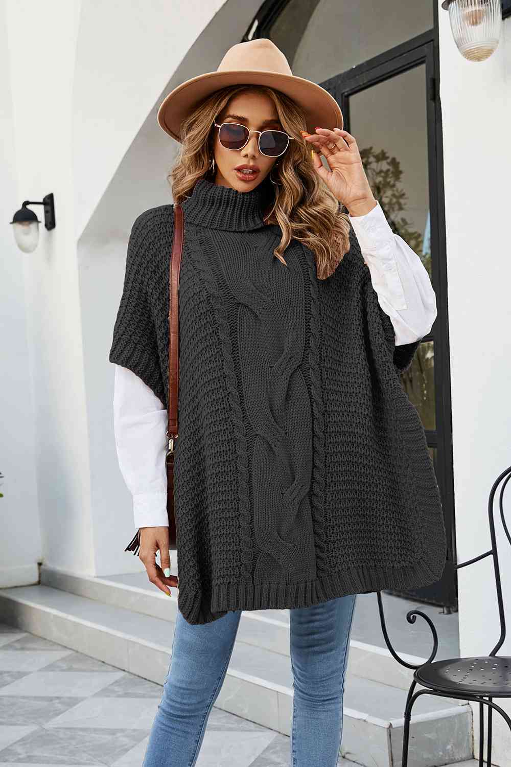 Cable-Knit Turtleneck Slit Sweater - Deals DejaVu