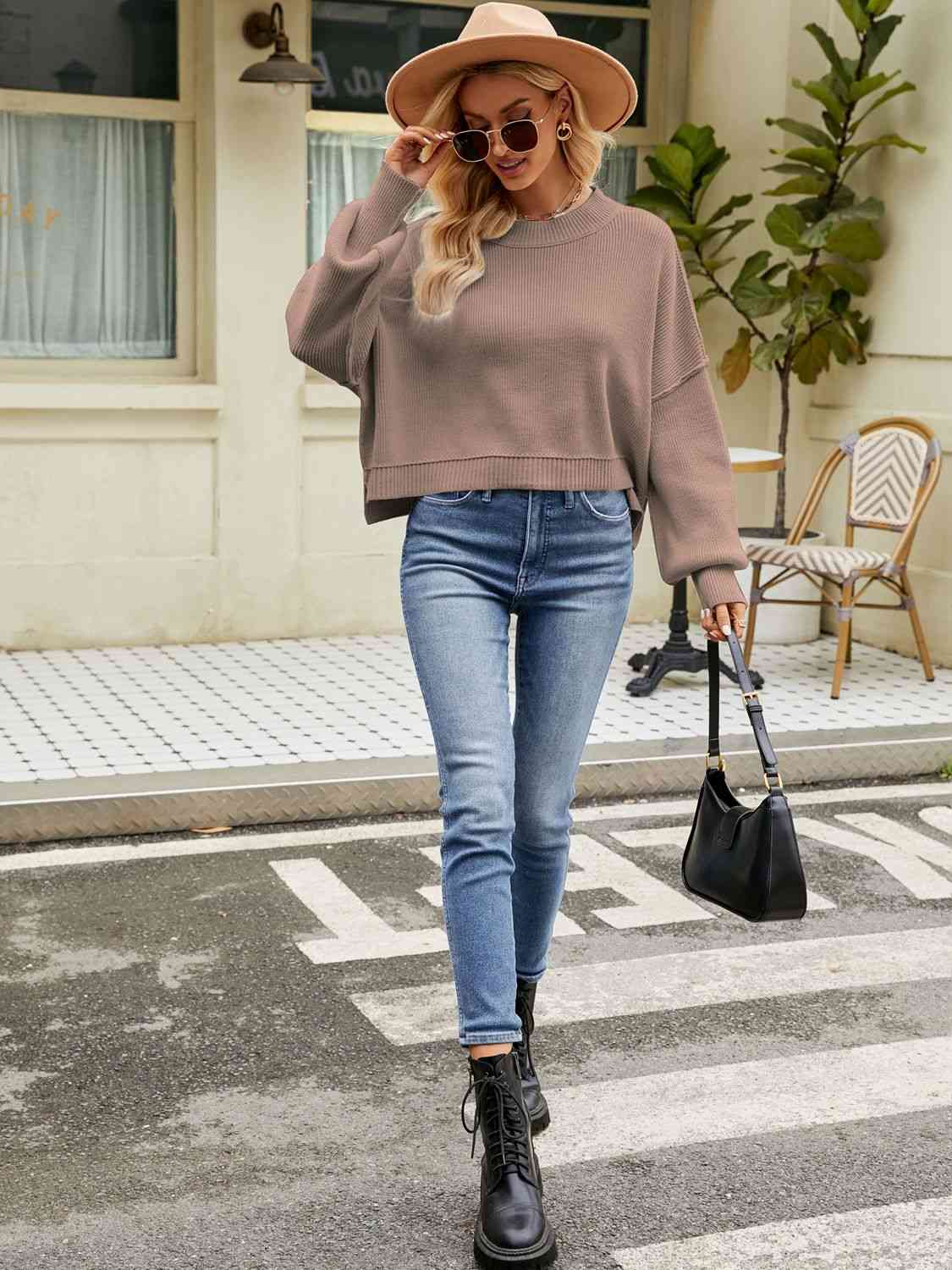 Round Neck Dropped Shoulder Sweater - Deals DejaVu