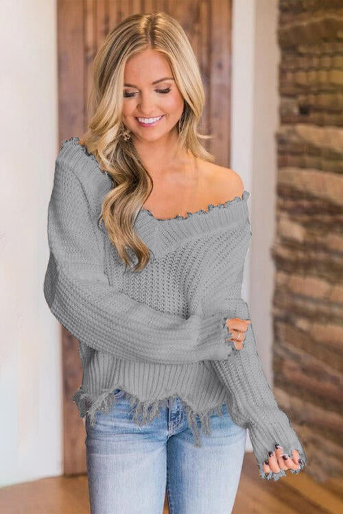 Frayed Hem Dropped Shoulder Sweater - Deals DejaVu