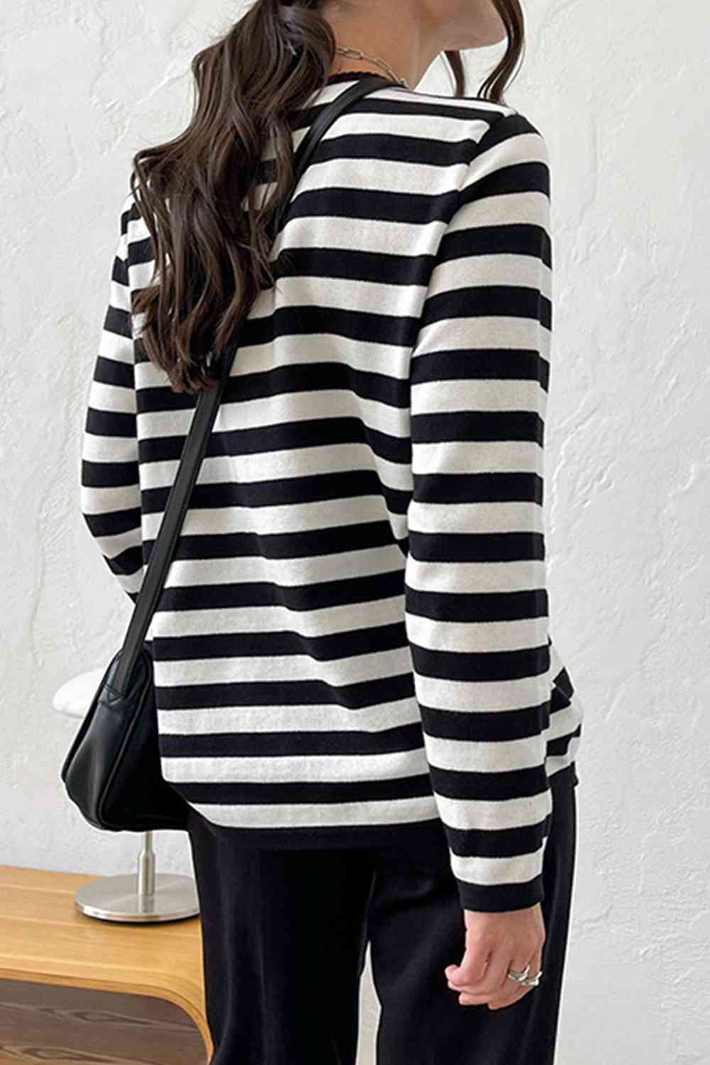 Striped Round Neck Long Sleeve Sweater - Deals DejaVu