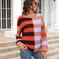 Round Neck Long Sleeve Color Block Dropped Shoulder Pullover Sweater