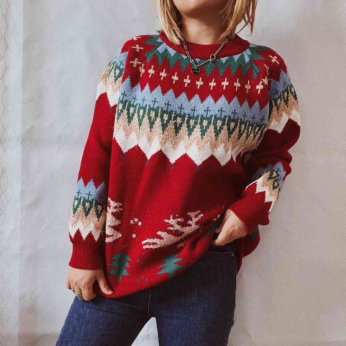 Christmas Element Long Sleeve Sweater - Deals DejaVu