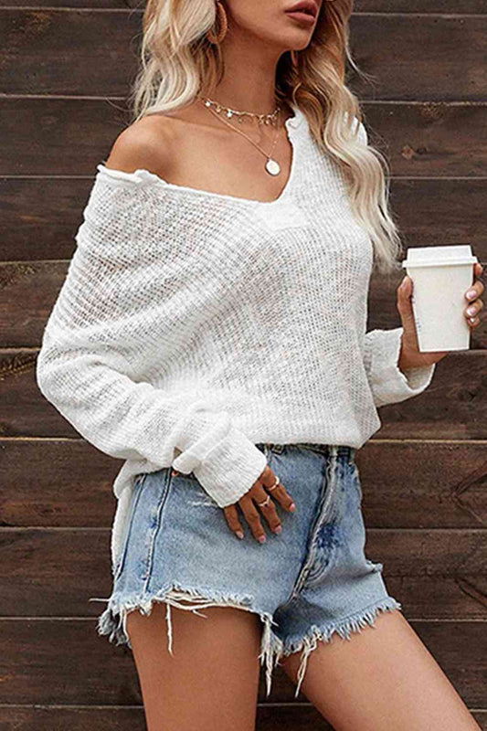 V-Neck Slit Knit Top - Deals DejaVu