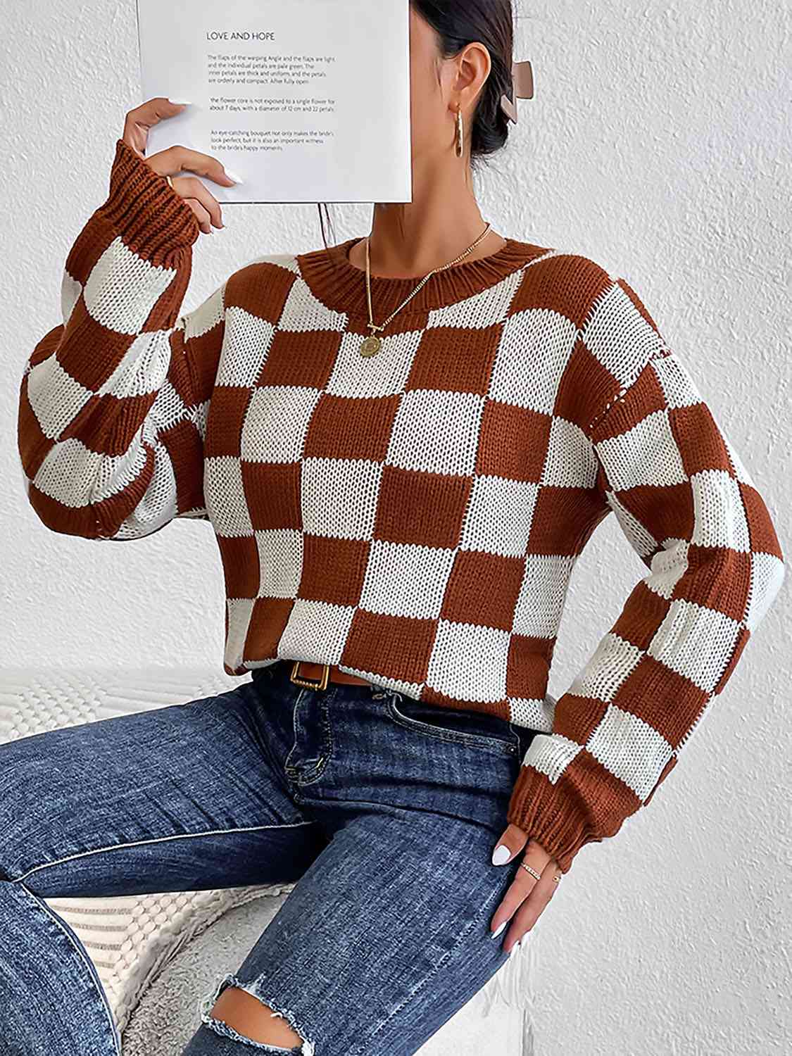 Checkered Round Neck Sweater - Deals DejaVu