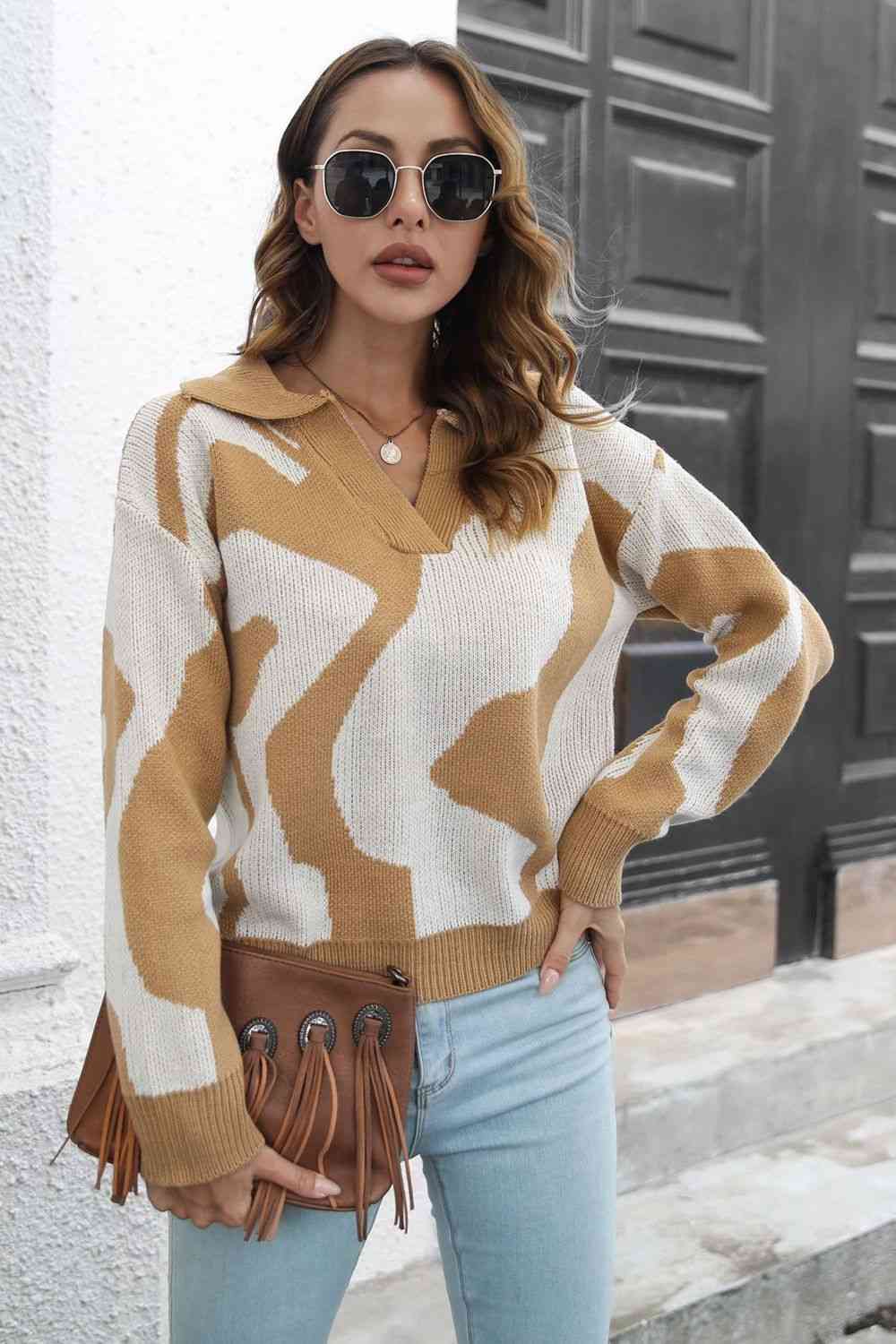 Two-Tone Johnny Collar Dropped Shoulder Pullover Sweater - Deals DejaVu