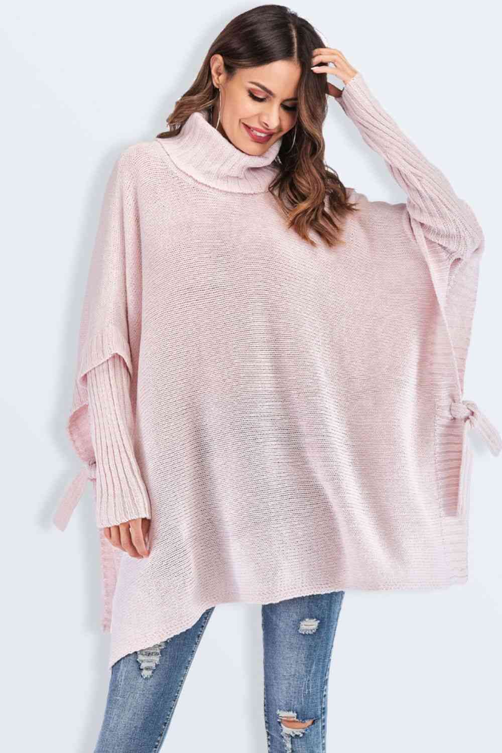 Double Take Tied Turtleneck Asymmetrical Hem Sweater