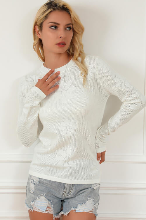 Floral Eyelet Round Neck Long Sleeve Knit Top - Deals DejaVu