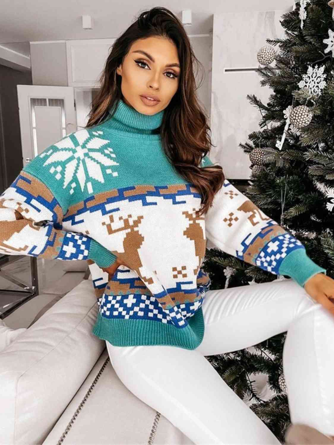 Reindeer Turtleneck Drop Shoulder Sweater - Deals DejaVu