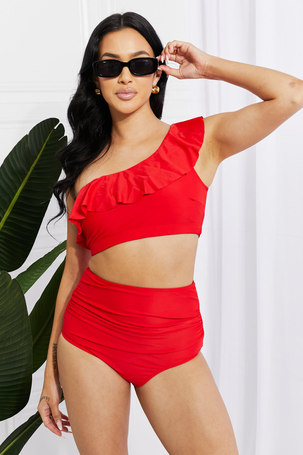 Marina West Swim Seaside Romance Ruffle One-Shoulder Bikini in Red (TB9D) T - Deals DejaVu