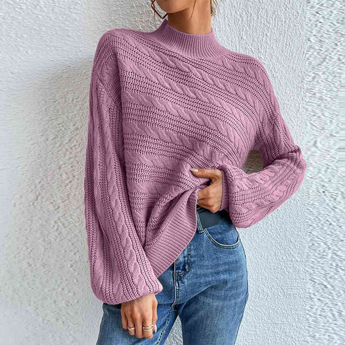 Cable-Knit Mock Neck Long Sleeve Sweater - Deals DejaVu