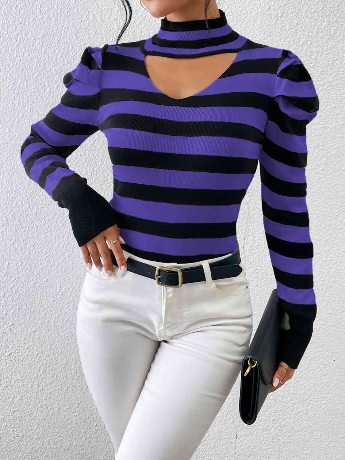 Striped Cutout Mock Neck Knit Top - Deals DejaVu