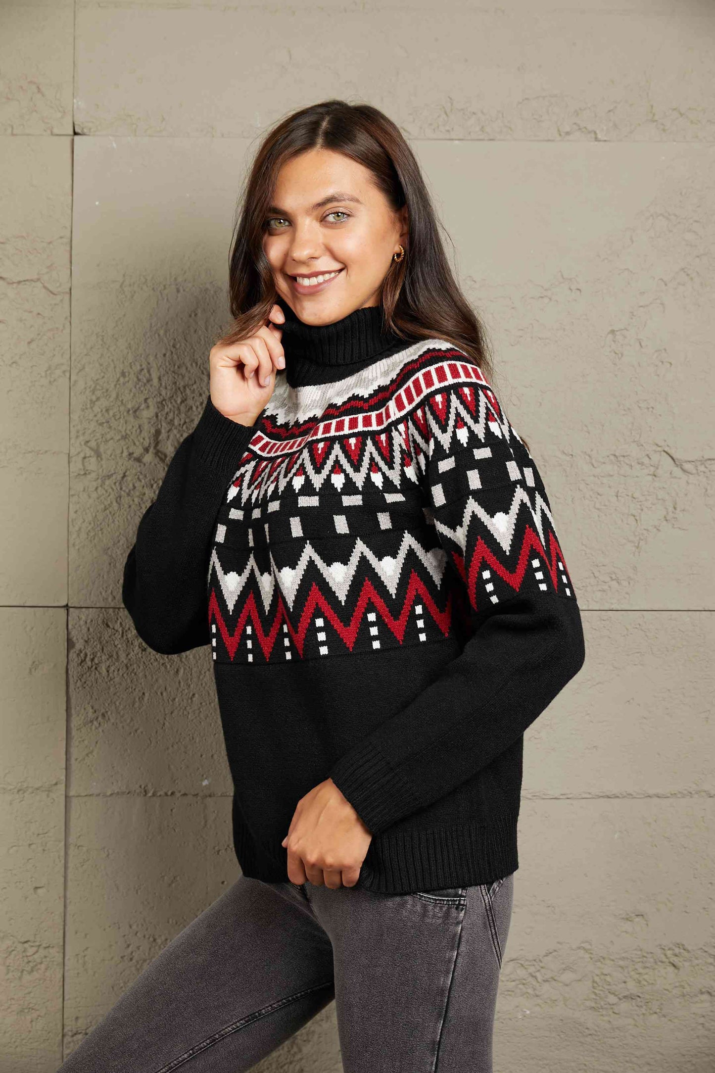 Woven Right Chevron Turtleneck Ribbed Trim Sweater - Deals DejaVu