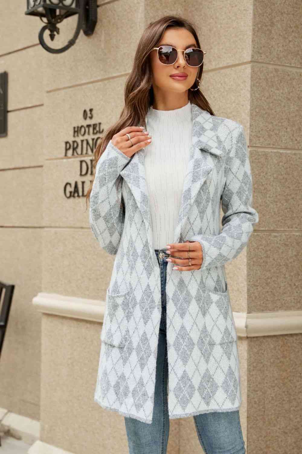 Double Take Printed Open Front Lapel Collar Cardigan with Pockets - Deals DejaVu