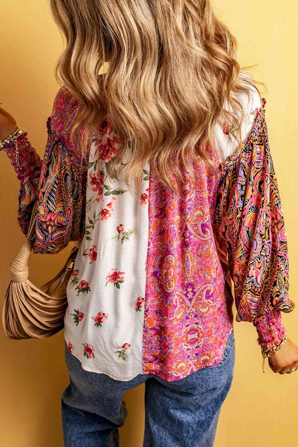 Multicolor Floral Notched Neck Lantern Sleeve Blouse (BFD) T - Deals DejaVu